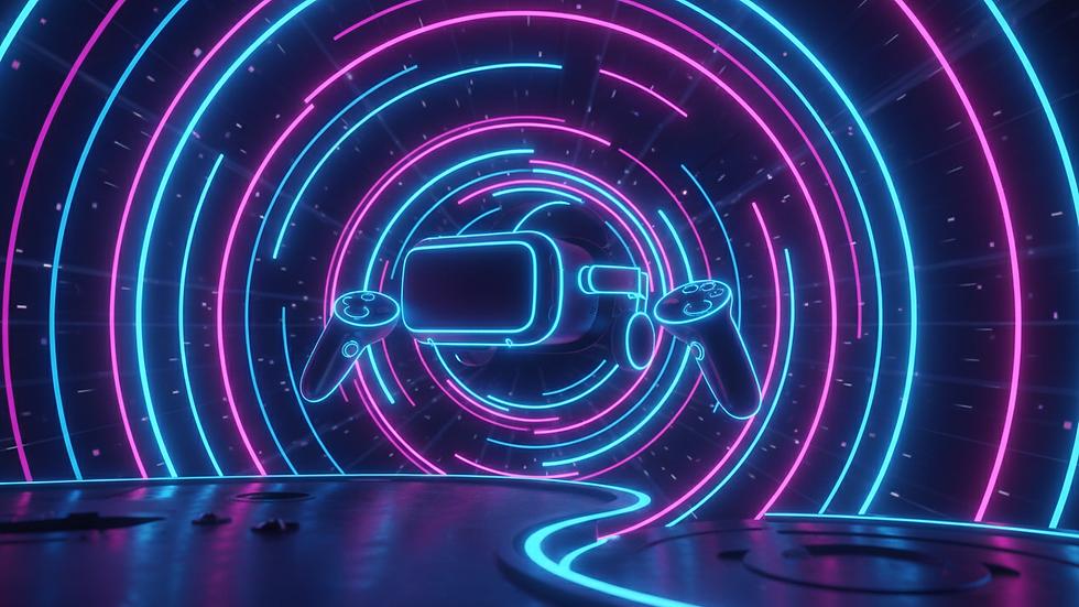 Eye-level view of a VR headset setup in a gaming room