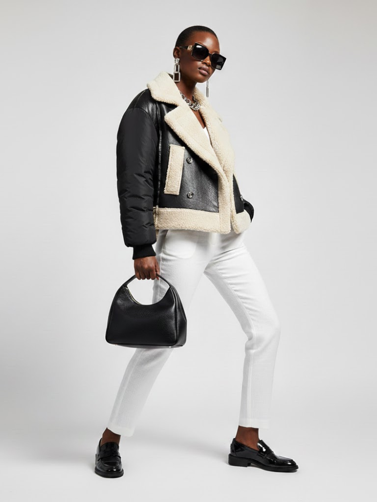 Thumbnail: Women's Vegan Leather & Shearling Bomber Jacket BLACK - PARK SLOPE