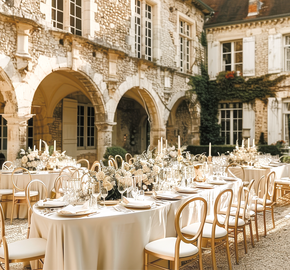 Elegant wedding tables by an event planner in a courtyard