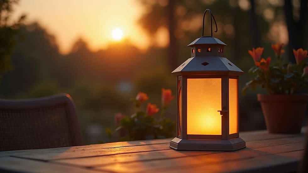 Close-up view of a paper lantern glowing softly during golden hour on a patio