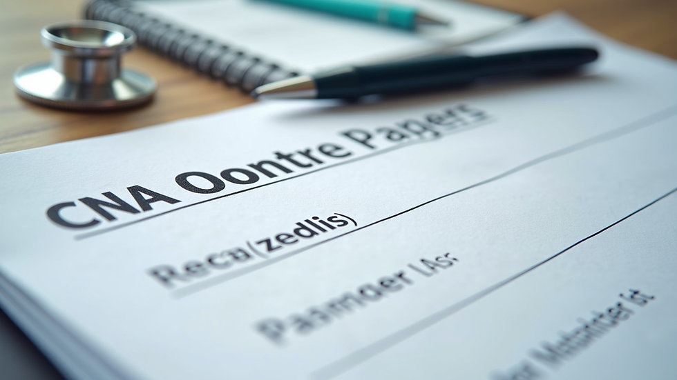 Close-up view of a CNA certification exam checklist and study materials