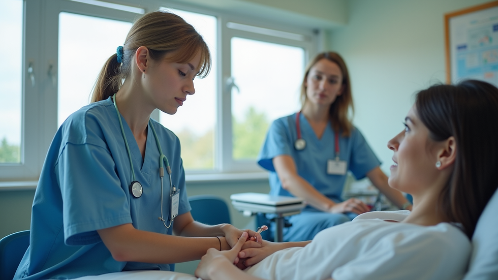 Eye-level view of a classroom with CNA students practicing patient care
