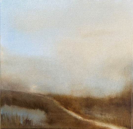 dew pond, South Downs, chalk path, misty landscape.