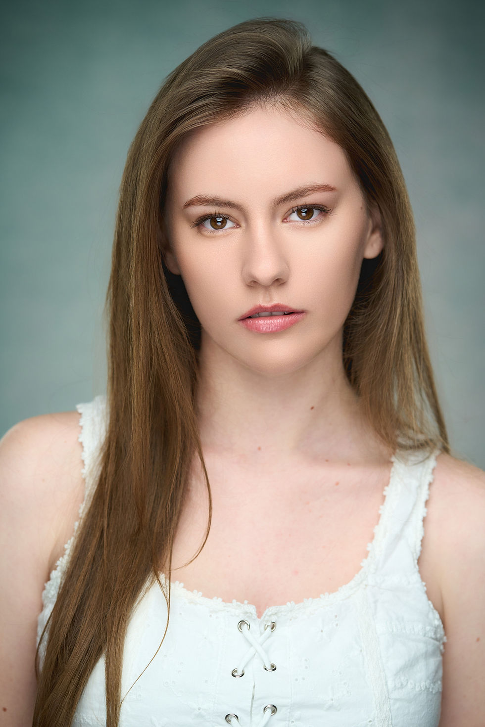 Theatrical Headshot of Victoria Nelson in White Top