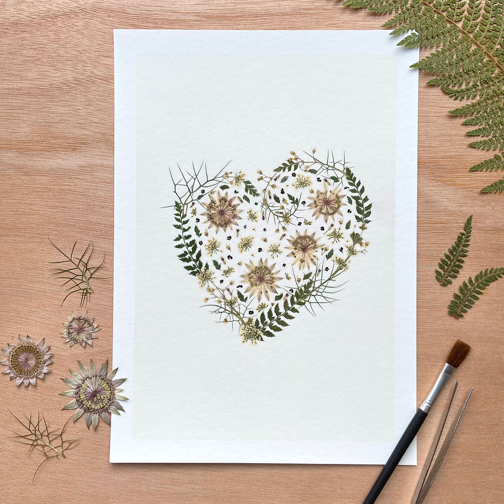 Thumbnail: A Giclee print of a pressed flower heart with some real pressed flowers and leaves