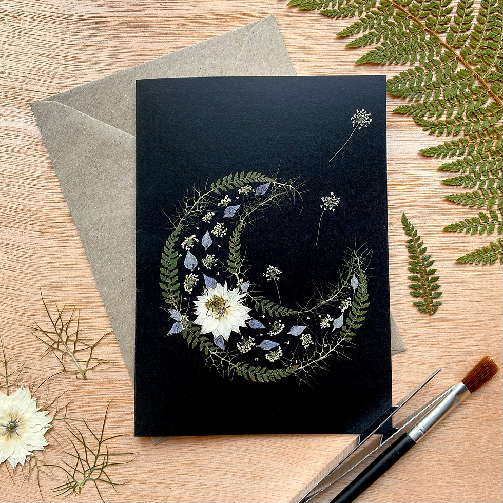 A printed pressed flower moon greetings card for Valentines Day