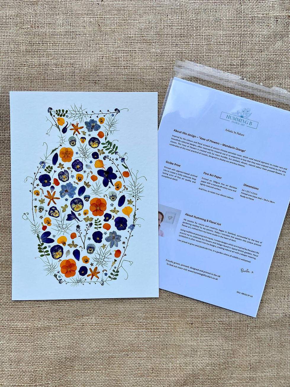 Thumbnail: A giclee print of a vase design created in orange and blue pressed flowers and packaging