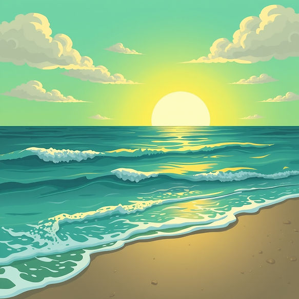 ocean lapping lightly at the shore with a green sunset in a cartoon style.jpg