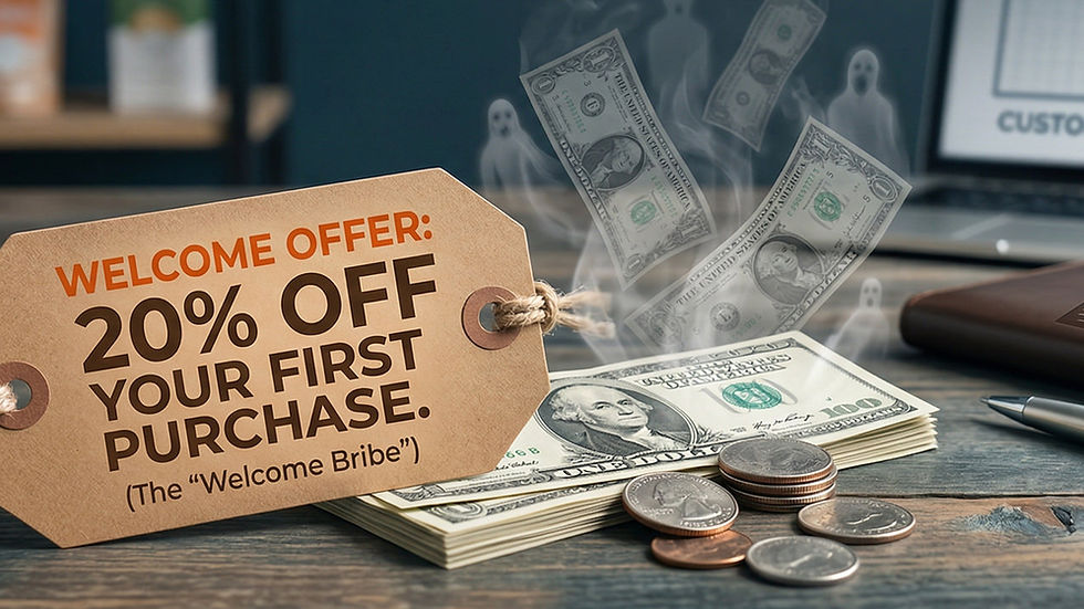 Tag reads "Welcome Offer: 20% Off Your First Purchase." Money, coins, and a pen on a desk. Background shows a graph and text "Customer Activation."