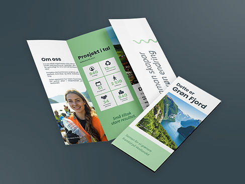 Brosjyredesign med moderne layout og tydelig visuell struktur. Inneholder presentasjon av organisasjon, nøkkeltall og prosjekter med ikoner og bilder. Grafisk utforming med grønn fargepalett, ren typografi og balansert oppsett for å formidle informasjon på en profesjonell og engasjerende måte.