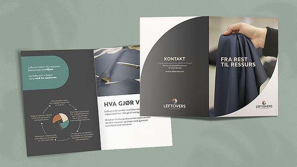 Brosjyredesign med moderne layout og visuell identitet. Kombinerer tekst, bilder og illustrert prosessdiagram for å formidle bærekraft og sirkulær økonomi. Grafisk utforming med ren struktur og profesjonelt uttrykk tilpasset merkevarebygging.