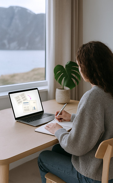 Lokal grafisk designer fra Nordfjord som jobber konsentrert på datamaskin med designprosjekter, rapportdesign, visuell identitet og grafisk produksjon. Illustrerer profesjonell arbeidsprosess, kreativt designarbeid og personlig oppfølging fra en erfaren grafisk designer i Nordfjord.