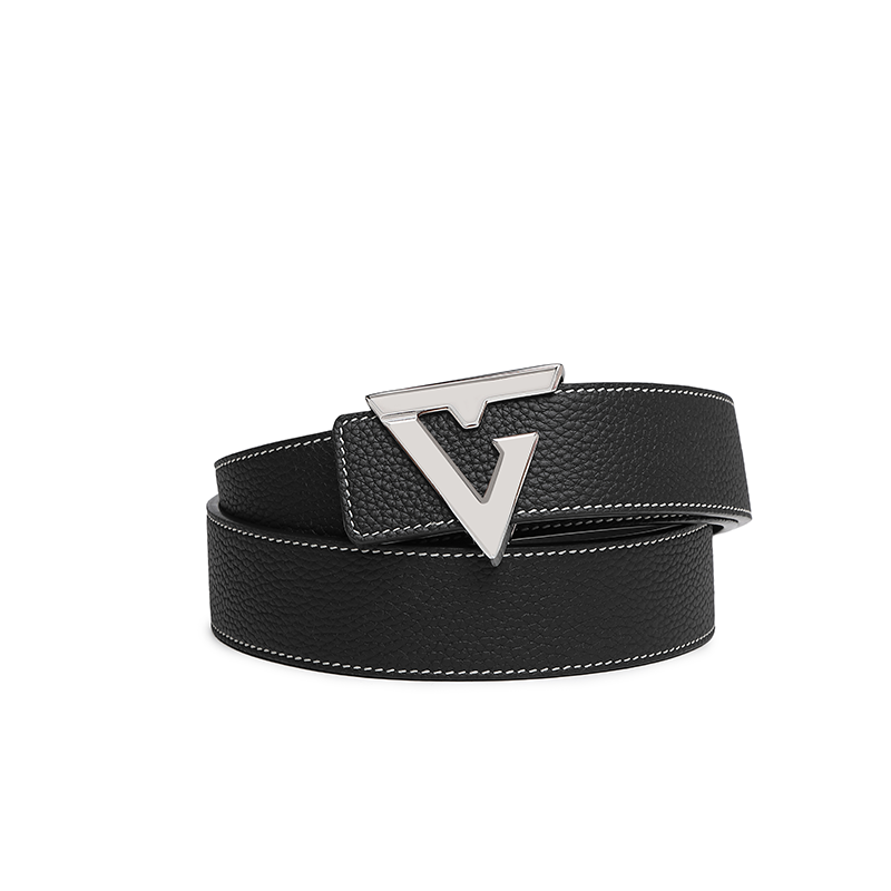 Miniature : Ceinture pour homme en cuir grain litchi avec boucle argentée (UK2307)