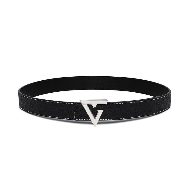 Miniature : Ceinture pour homme en cuir grain litchi avec boucle argentée (UK2307)