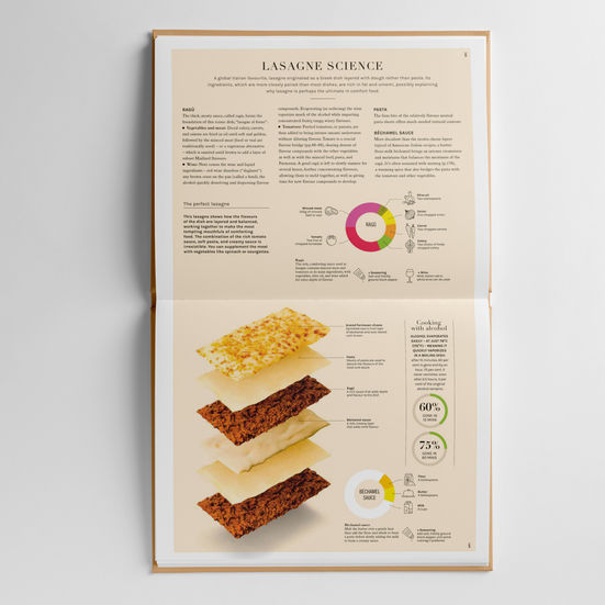 Photographic infographic showing the layers of ragu, bechamel sauce, pasta and cheese that make a lasagne
