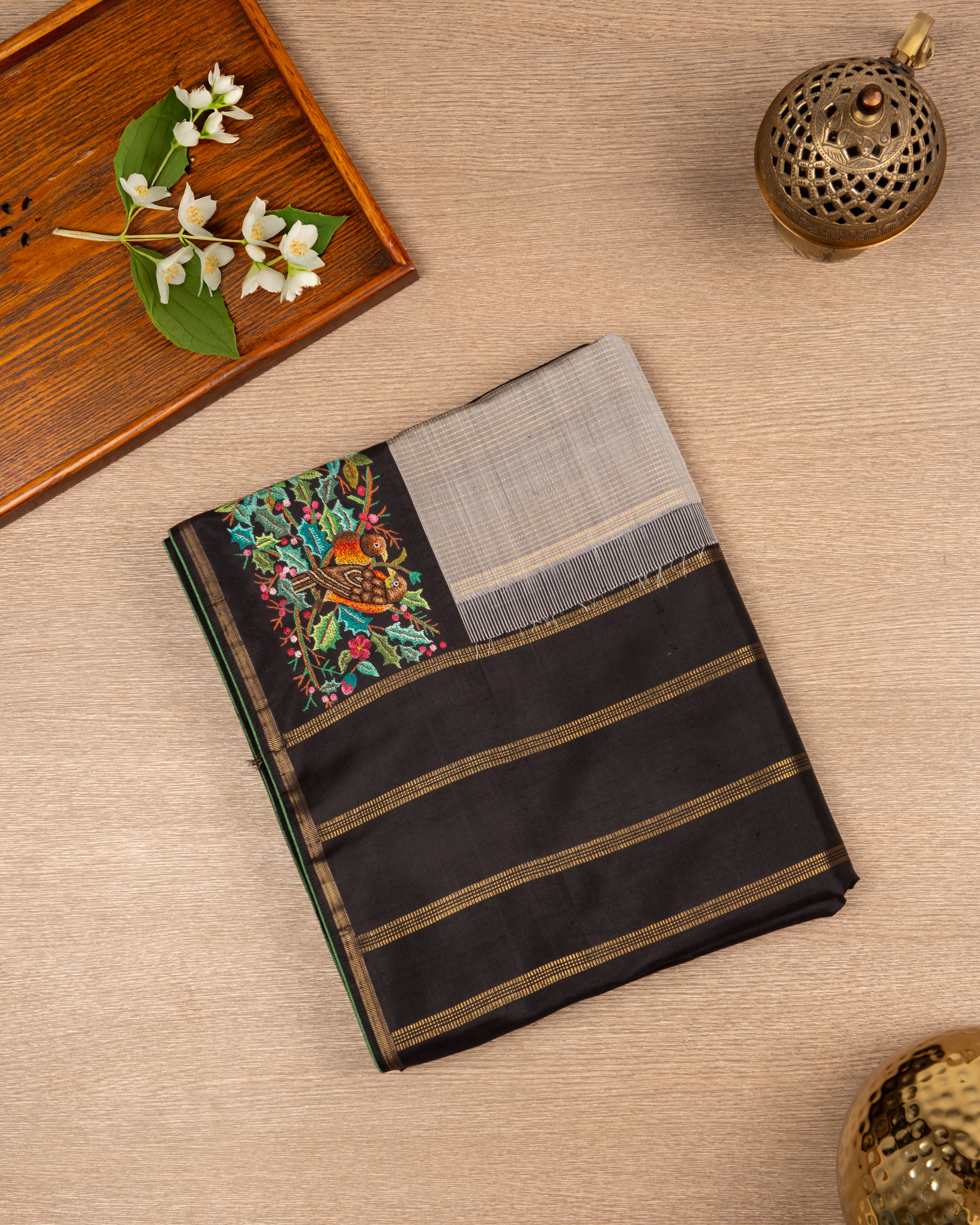 Black Grey Kanjivaram Petit Point Border Saree
