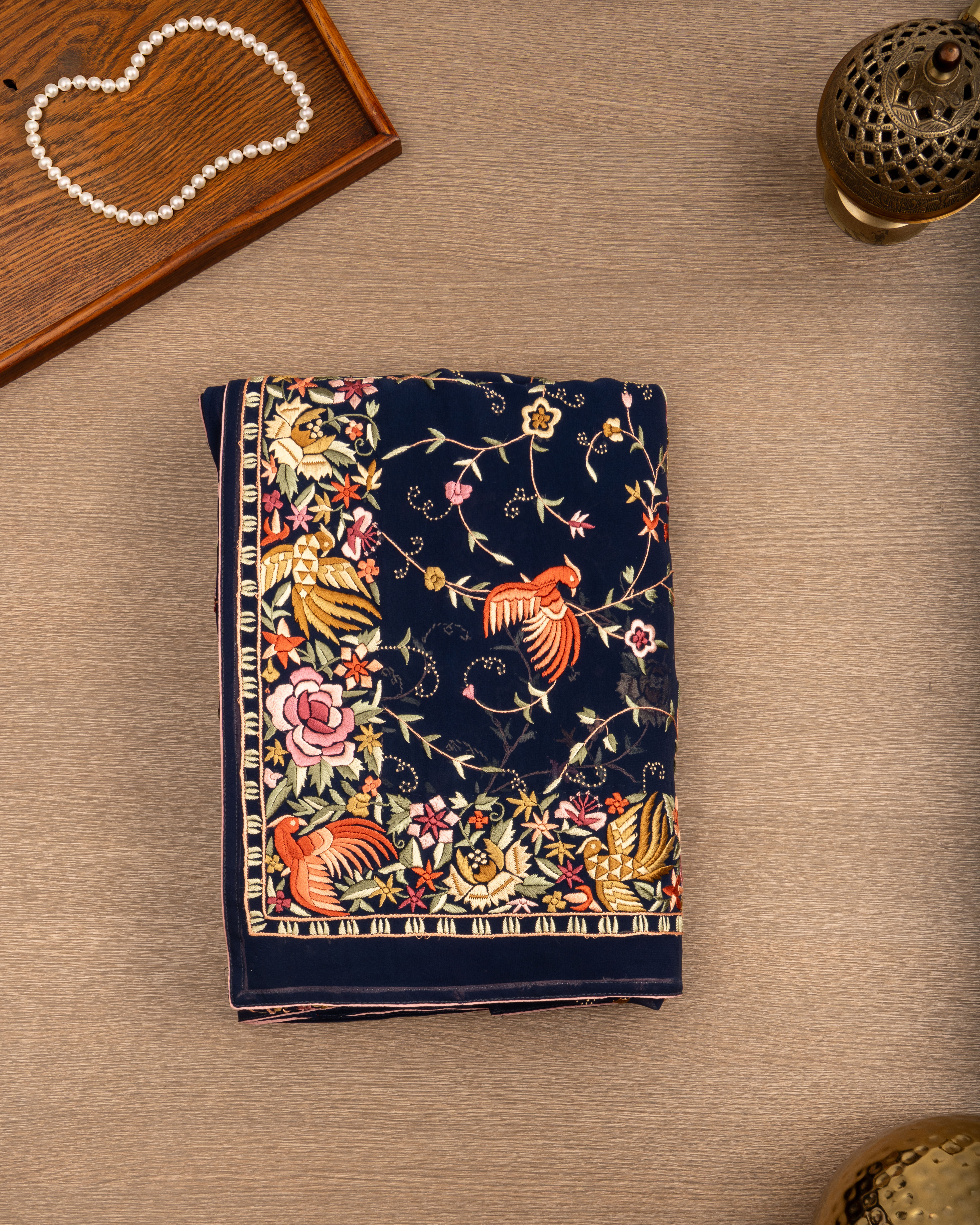 Navy Blue Georgette Multicolour Parsi Gara Saree