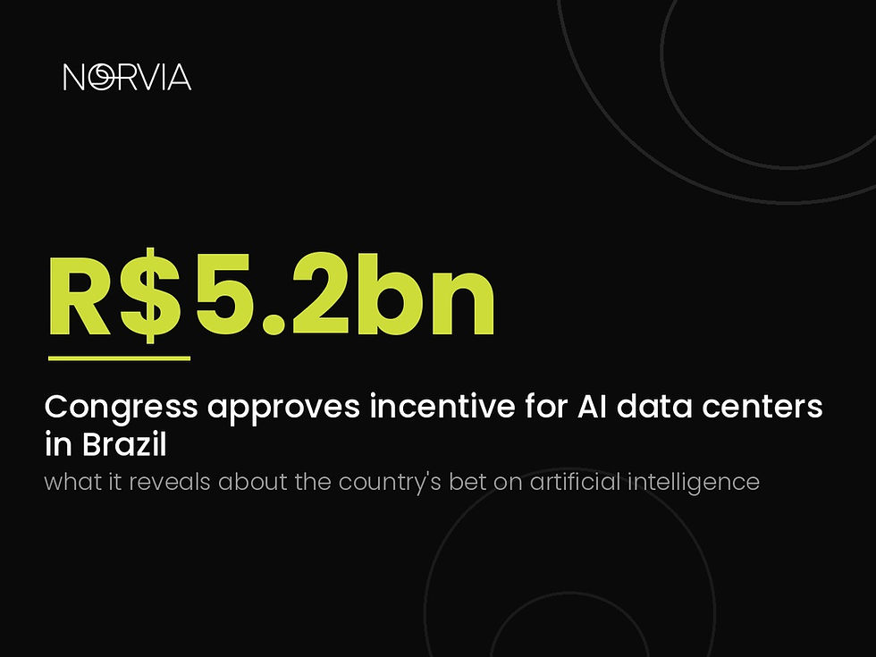 Green figure R$5.2 billion on a black background, with the headline “Congress approves incentive for AI data centers in Brazil” and a subtitle on the country’s bet on artificial intelligence, with the brand’s circular graphic.