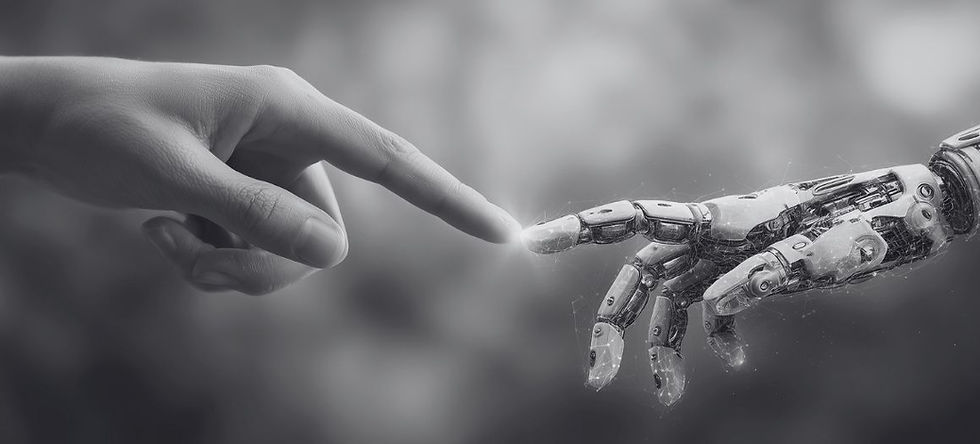 Imagem em preto e branco mostrando uma mão humana tocando a ponta do dedo de uma mão robótica, simbolizando a integração entre inteligência artificial e julgamento humano na tomada de decisões financeiras.