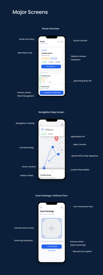 Mobile app interface showcasing core delivery screens including route overview, navigation map with delivery stops, package scanning interface, and delivery completion flow in both light and dark modes.
