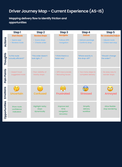 UX journey map showing driver actions, thoughts, pain points, emotions, and opportunities across the delivery process.
