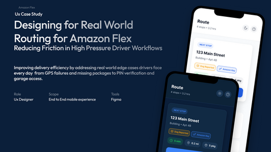 Mobile app UI design showing Amazon Flex delivery workflow including navigation, scanning, and confirmation screens in light and dark mode.