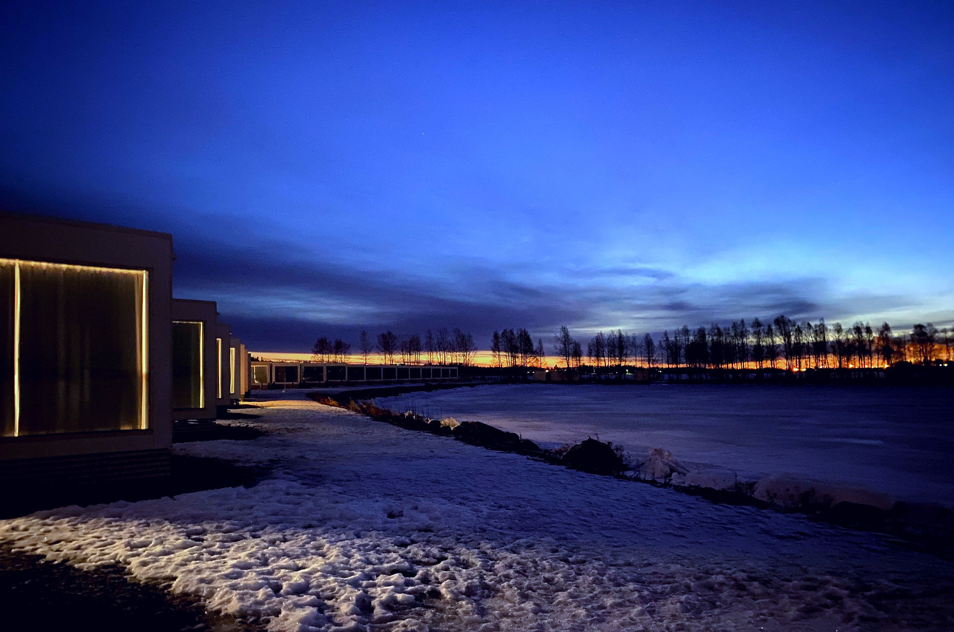 Beautiful blue polar night view from Seaside Glass Villas