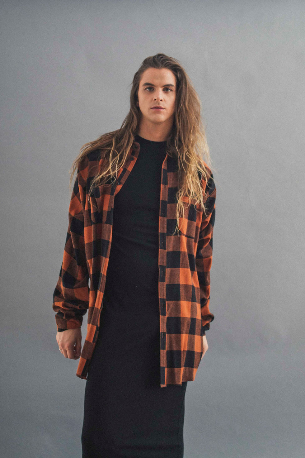 Thumbnail: BUFFALO CHECK SHIRT/DRESS - FRONT POSE FEMAL MODEL