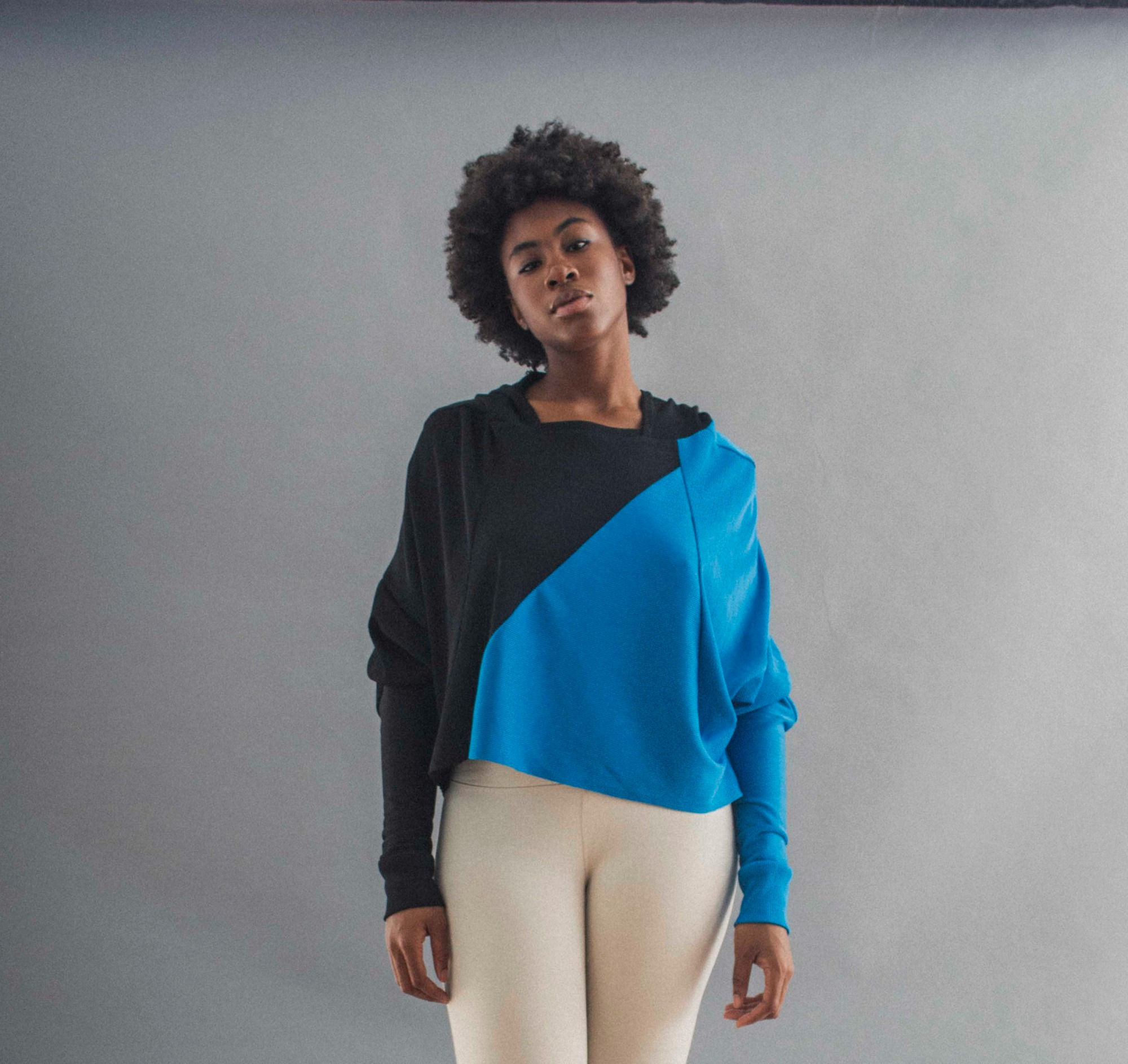 SHIFT HOODIE - BLACK/CAMPANULA - FRONT POSE FEMALE MODEL