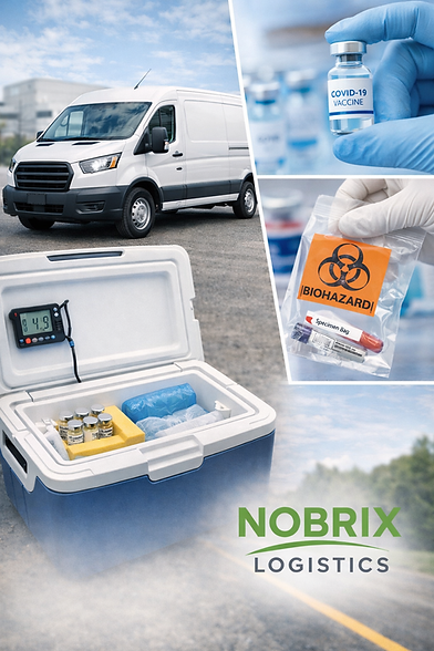 Pharmaceutical samples inside a temperature box, and a hand with glove holding a biohazard bag, with Nobrix Logistics logo