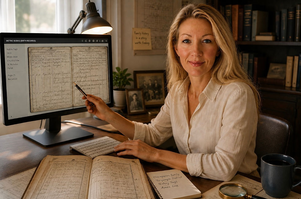 Genealogist examining digitized parish records during family history research.