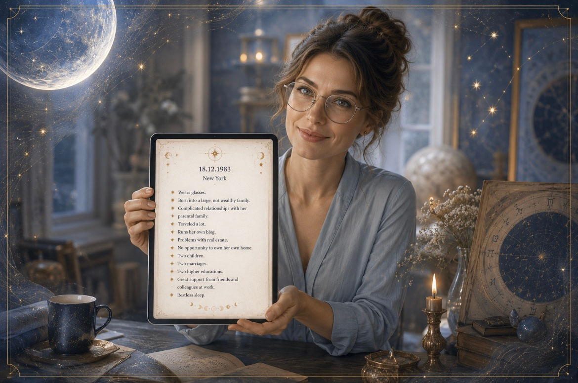 Woman with Basic Astro portrait analyzing her horoscope