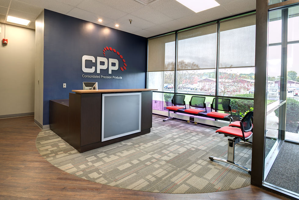 Consolidated Precision Products reception environment designed to welcome visitors to a working manufacturing facility.