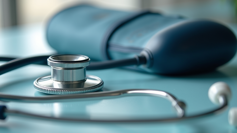Close-up view of medical training equipment including stethoscope and blood pressure cuff