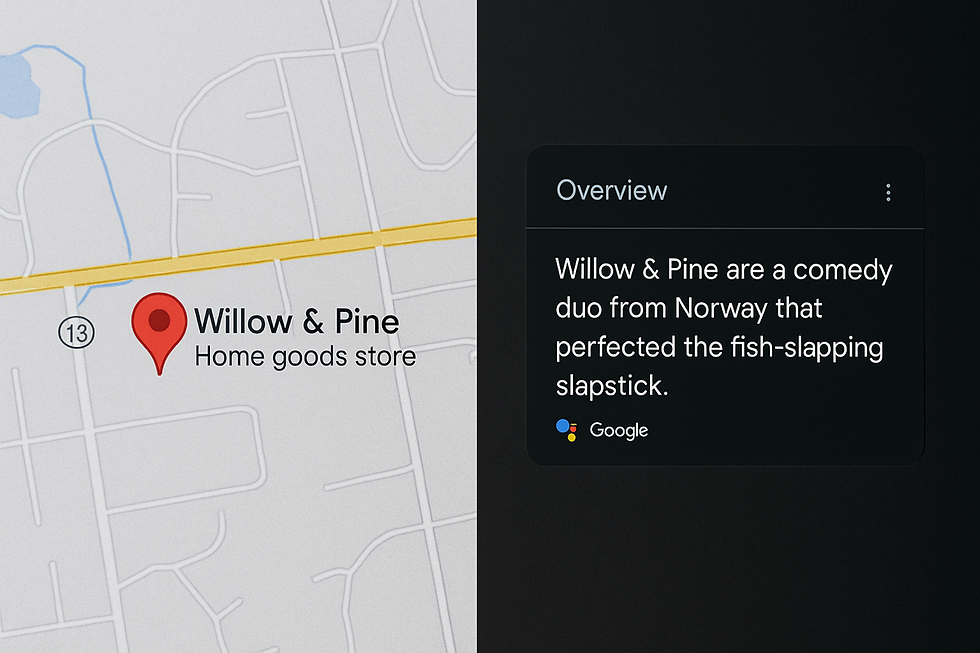 Split screen showing a map location for “Willow & Pine Home goods store” on the left, and a mistaken Google AI Overview on the right describing them as a “comedy duo from Norway that perfected the fish-slapping slapstick.”