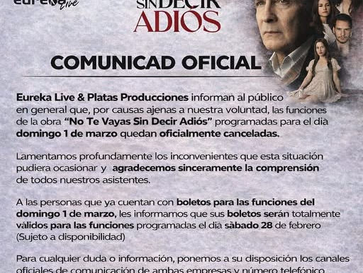 ¡Atención! Cancelan funciones de "No te vayas sin decir adiós" en el Teatro Principal