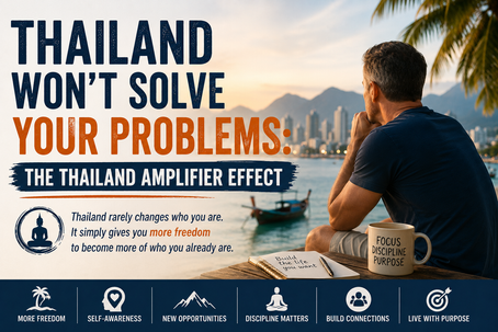 Thoughtful expat overlooking a tropical Thailand coastline with the headline "Thailand Won't Solve Your Problems: The Thailand Amplifier Effect," illustrating how moving abroad often amplifies existing habits, strengths, and weaknesses.