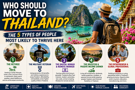 Infographic showing the five types of people most likely to thrive in Thailand: retirees, military veterans, digital nomads, investors and passive-income earners, and entrepreneurs, with tropical Thailand scenery in the background.