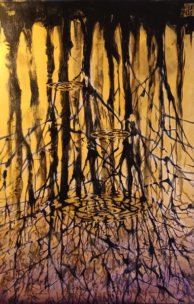 Dipinto astratto: alberi scuri su sfondo dorato