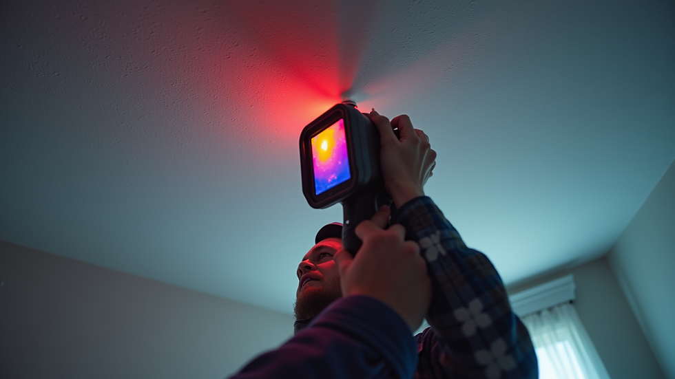 Eye-level view of a home inspector using a thermal imaging camera on a ceiling
