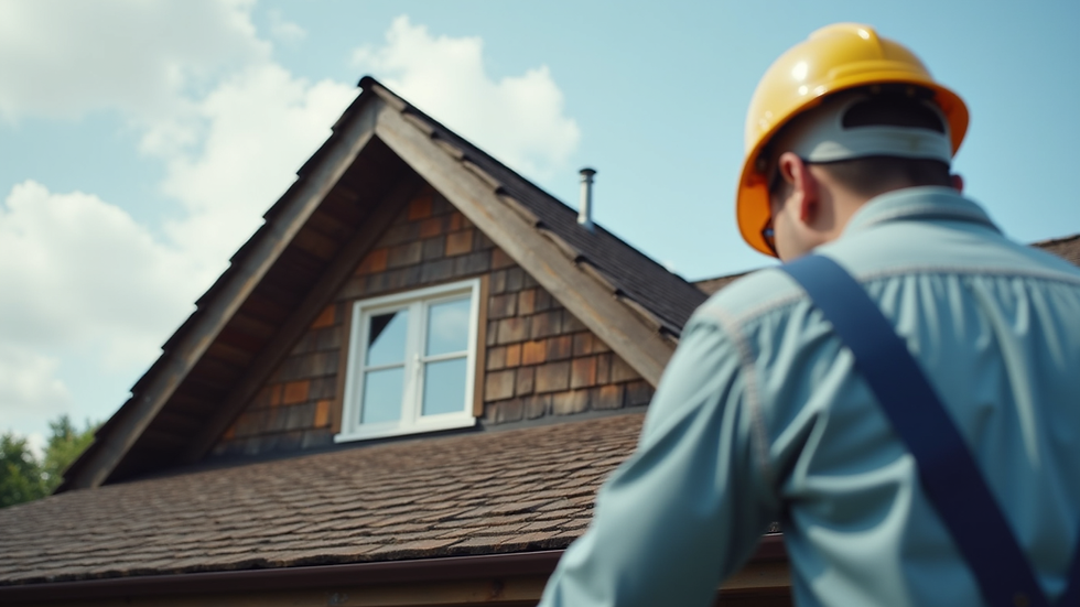 Eye-level view of a certified home inspector examining a house roof