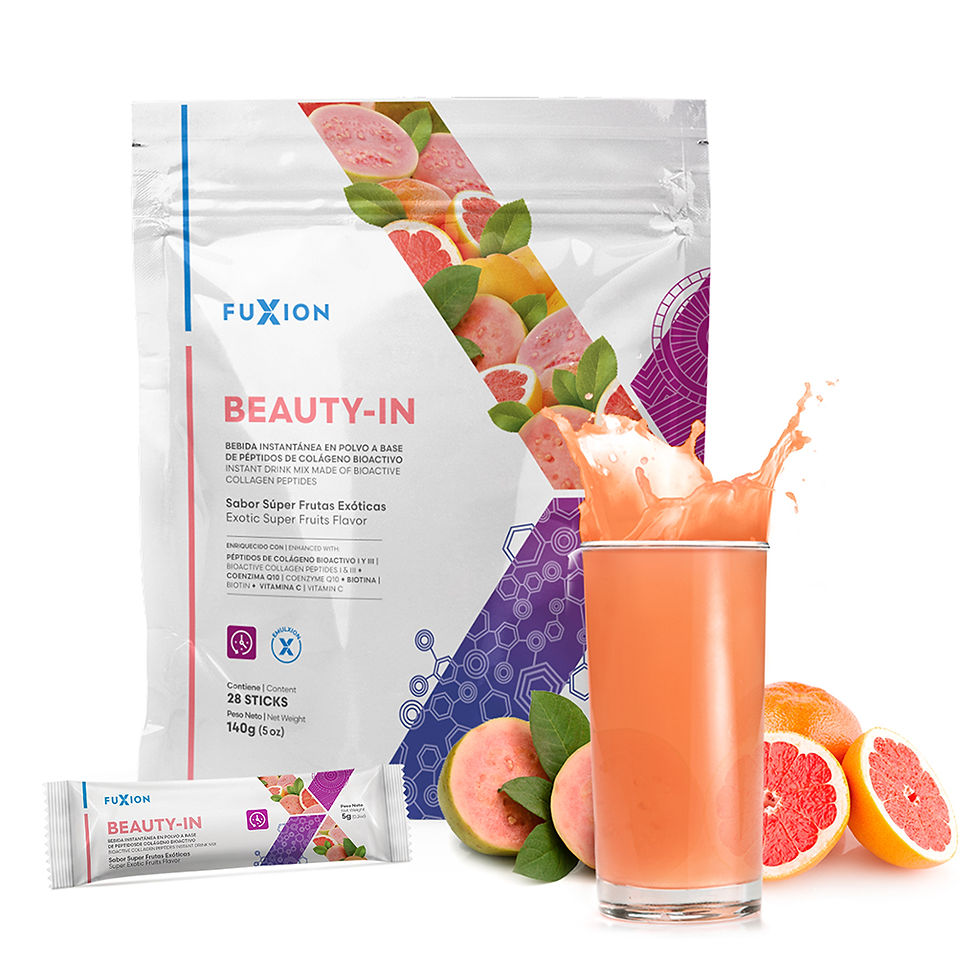 Beauty-In FuXion sabor guayaba con colágeno bioactivo optimizado, coenzima Q10, biotina natural, zinc y vitaminas C y E para el cuidado integral de la belleza desde adentro.
beauty-in-fuxion-colageno-biotina-piel-cabello-unas