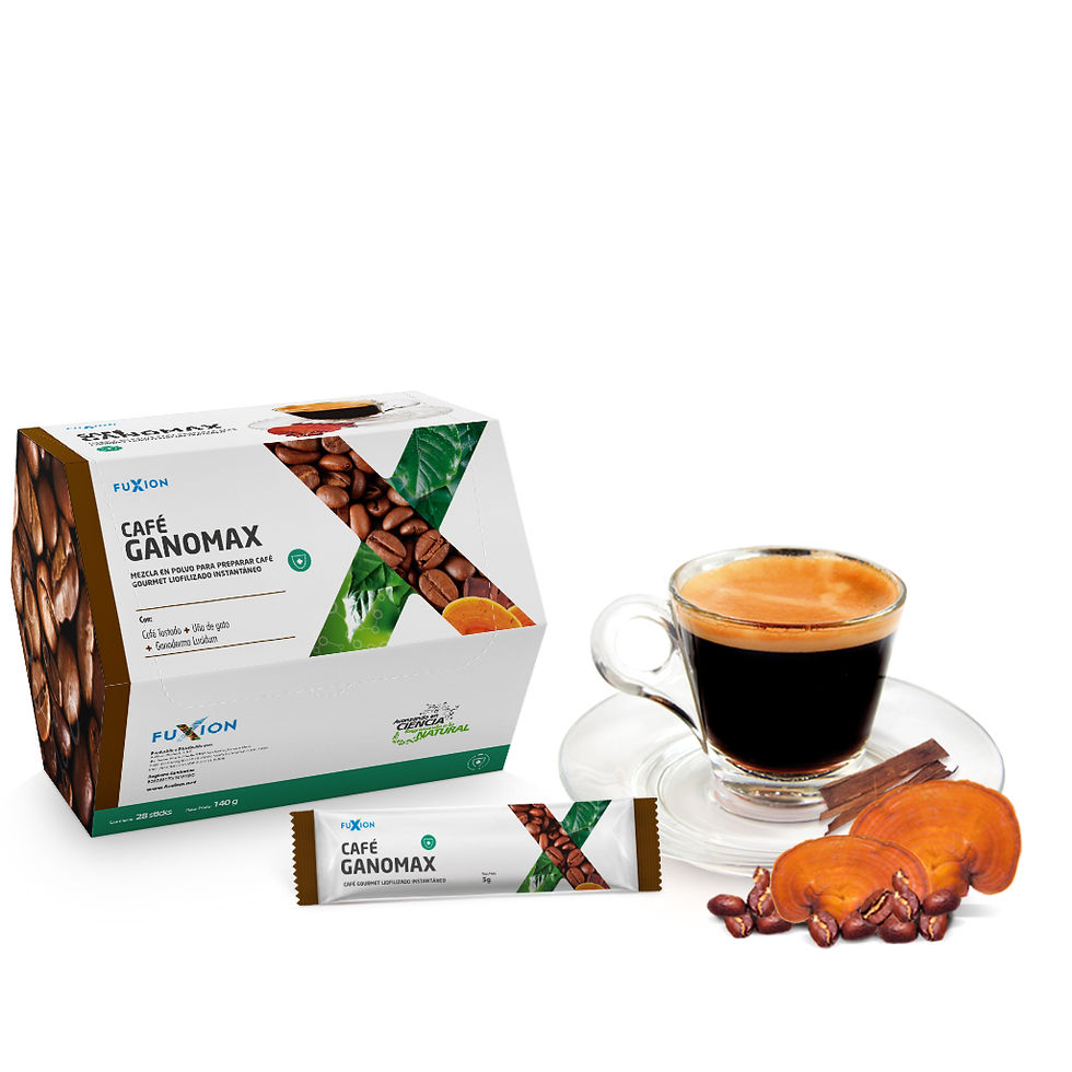 Café GanoMax de FuXion con Ganoderma lucidum, Uña de Gato y café colombiano, bebida funcional para energía, vitalidad y bienestar diario.