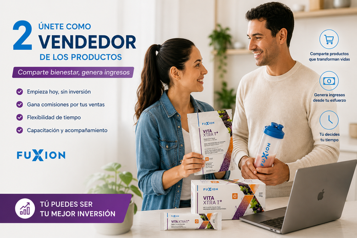 Imagen promocional de FuXion mostrando a dos personas compartiendo productos Vita Xtra T+, destacando la oportunidad de unirse como vendedor independiente FuXion para generar ingresos, vender productos nutracéuticos y emprender con flexibilidad.