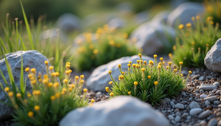 Eye-level view of a rocky alpine garden bed with small flowering plants