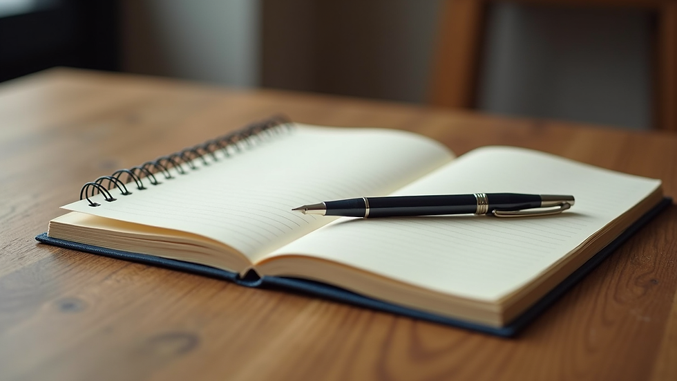 Eye-level view of a journal and pen on a wooden table