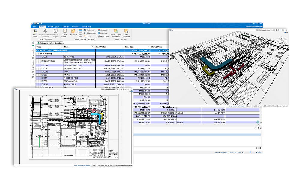 CostOS Estimating interface with integrated 2D and 3D model-based cost estimation tools
