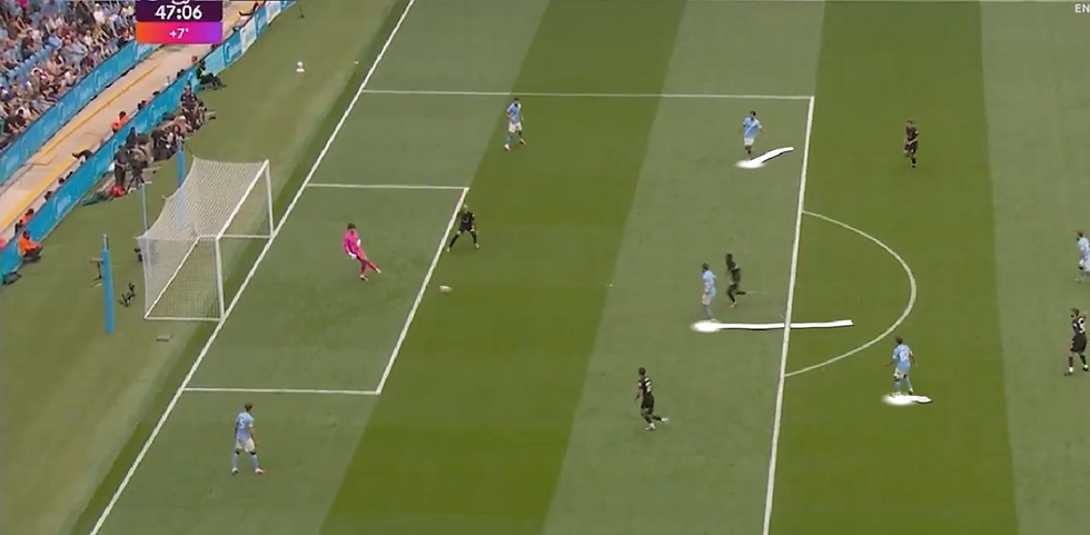 Vemos la presión al hombre del Tottenham. Un error del City en esta imagen es que ningún mediocentro o jugador alejado no baje a recibir o a apoyar para crear superioridad.