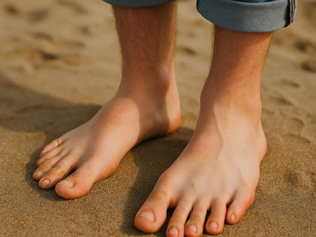 Des pieds nus de jeune homme dans le sable sur une plage
