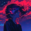 Femme, cosmos intérieur, cheveux au vent, nuit rouge